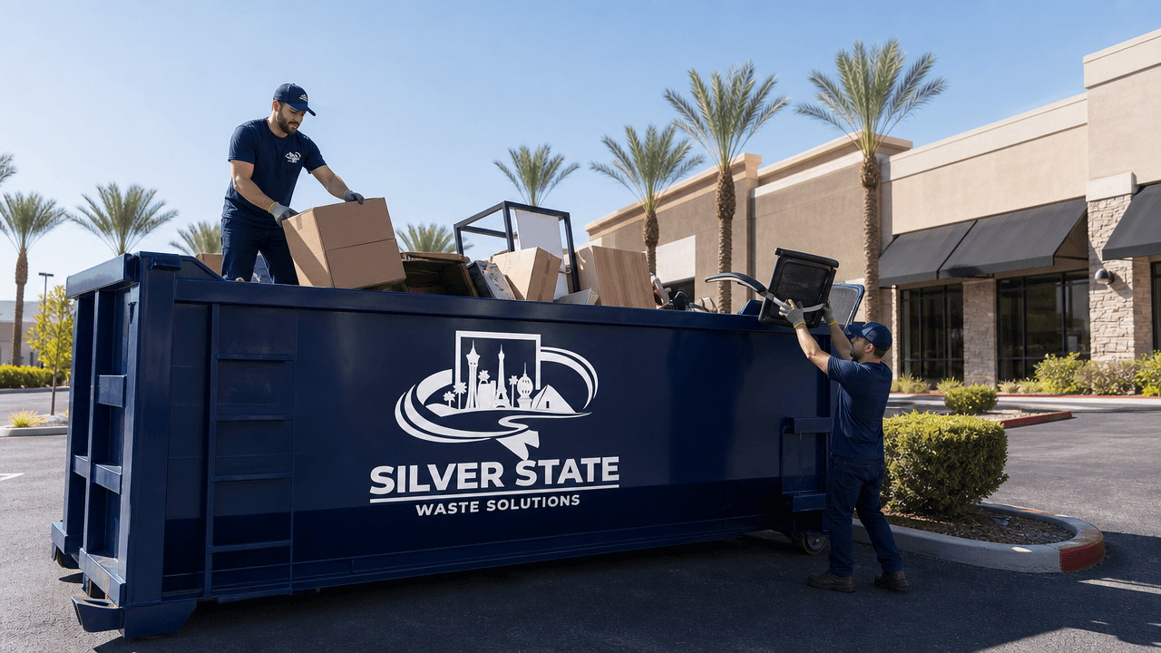 Workers loading commercial cleanout debris into Silver State dumpster
