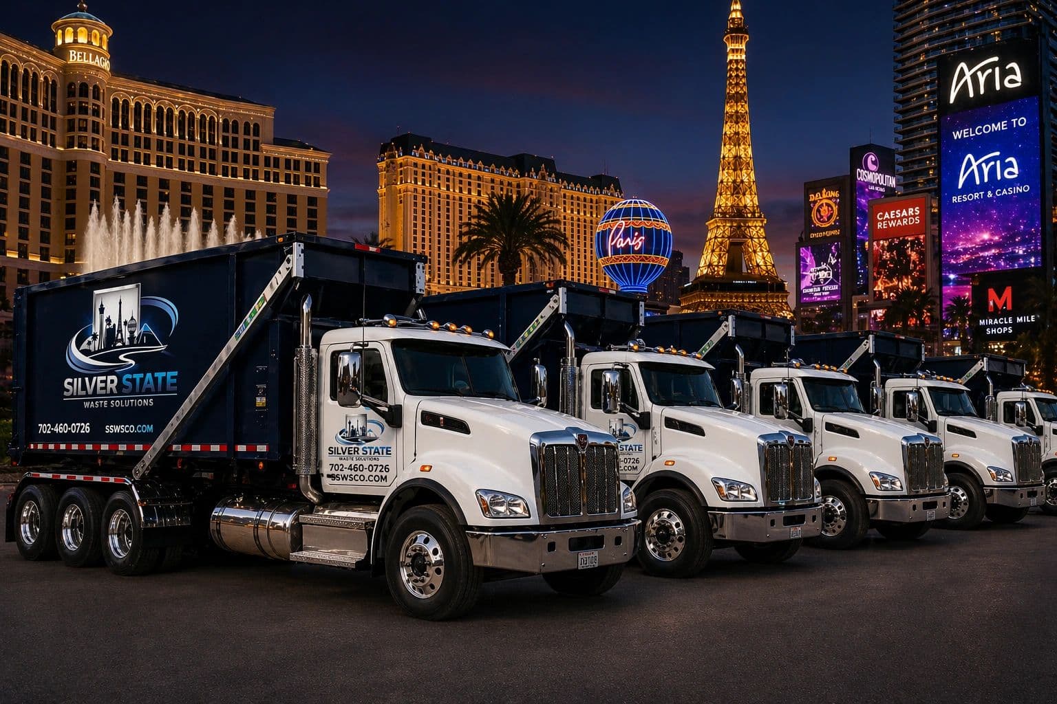 Silver State Waste Solutions fleet trucks on the Las Vegas Strip
